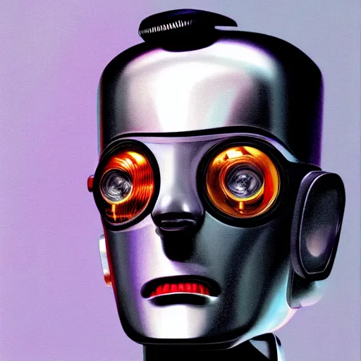 Image similar to Portrait of pee-wee herman as a chrome robot, black hair, highly detailed, digital painting, artstation, concept art, illustration, art by syd mead and hajime sorayama