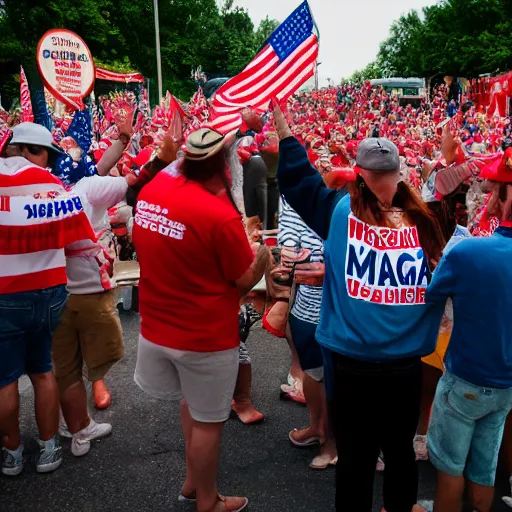 Image similar to maga supporters worshipping a sausage, canon eos r 3, f / 1. 4, iso 2 0 0, 1 / 1 6 0 s, 8 k, raw, unedited, symmetrical balance, full shot