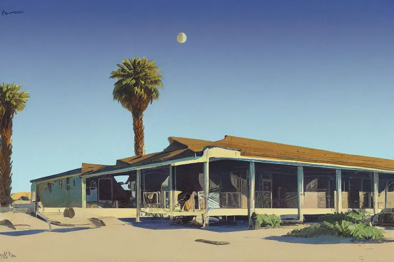 Image similar to natural american landscape | abandoned motel | palm trees | snowy mountains | moon in sky, painting by syd mead and weta studio and moebius and james jean and frank frazetta, highly detailed, rule of third, soft lighting, 8 k resolution, oil on canvas, architectural magazine, beautiful detailed, insanely intricate details, artstation trending, hypermaximalistic, high details, cinematic