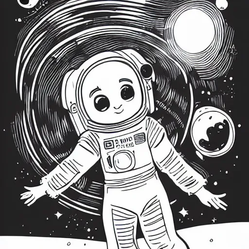 Prompt: clean simple line art of a little girl with wavy curly hair floating in space. she is an astronaut, wearing a space suit. white background. well composed, clean black and white line drawing, beautiful detailed face. illustration by josan gonzalez and steve ditko and greg rutkowski