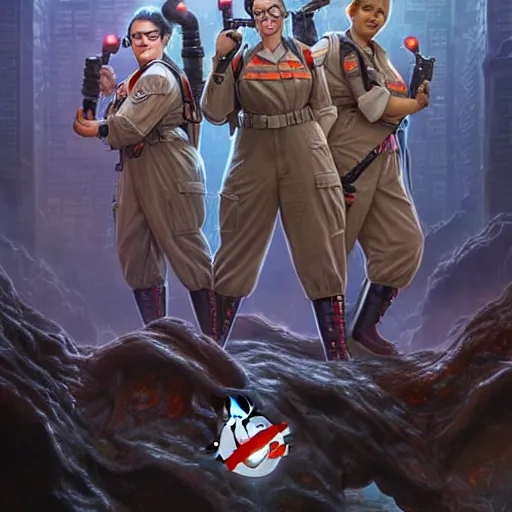 Image similar to ghostbusters, highly detailed, d & d, fantasy, hyper detailed, digital painting, trending on artstation, apollo, concept art, sharp focus, illustration, art by artgerm and magali villeneuve and greg rutkowski and michael whelan, cryengine, 8 k realistic atmospheric lighting, frostbite 3 engine, w 1 0 2 4