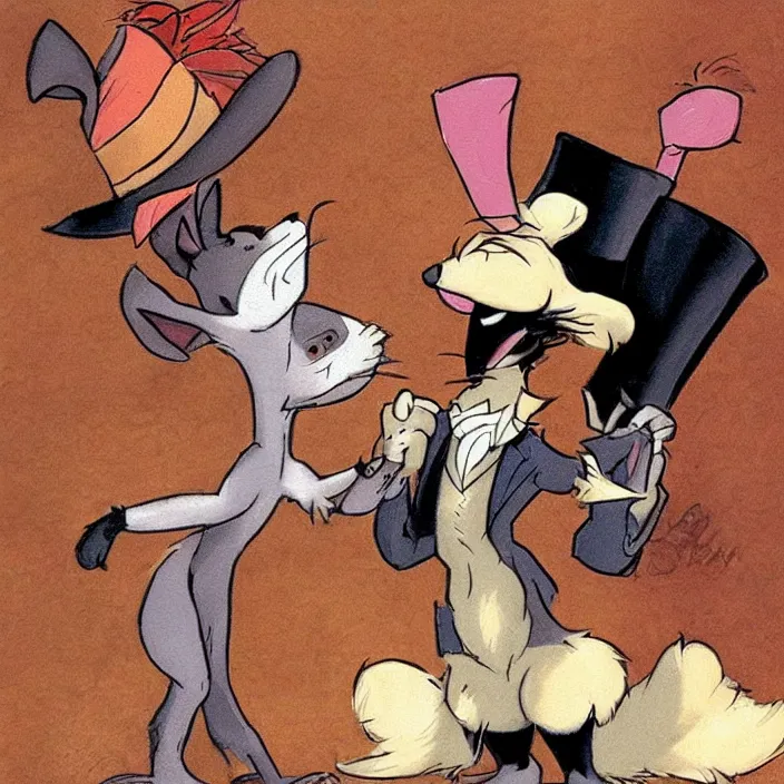 Image similar to concept art of a fox in a top hat talking to an angry rabbit by Don Bluth.