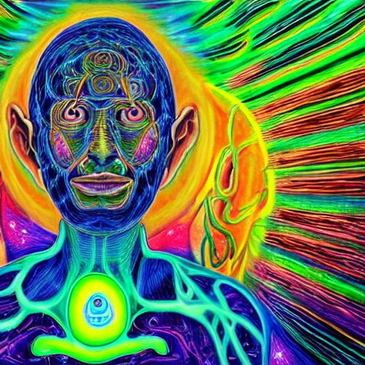 Image similar to a medical illustration painted by Alex-Grey dmt-art, psychedelic painting of a man thinking across the galaxy with the astral plane connection of millions of eyes forming a vortex of consciousness