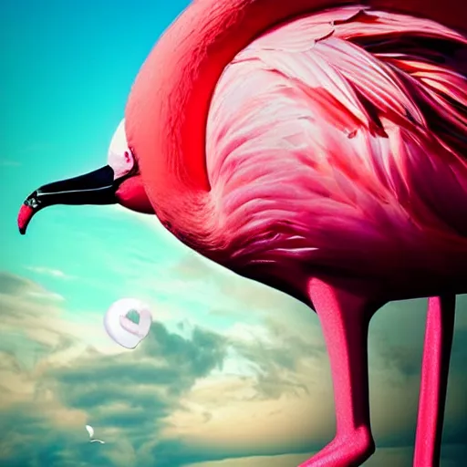 Prompt: goddess wearing a flamingo fashion, photoshop, colossal, creative, giant, digital art, photo manipulation, clouds, sky view from the airplane window