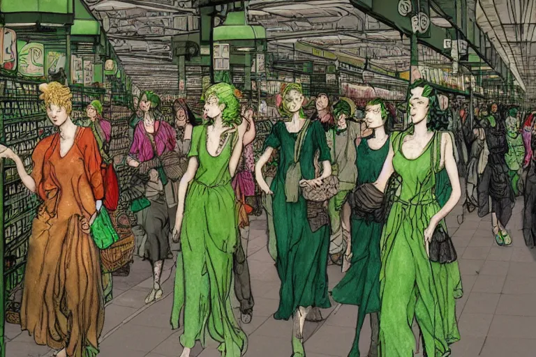 Image similar to group of green haired women walking through a super market aisle, in the style of Greg Broadmore and Arthur Rackham and Moebius, trending on artstation, light lighting side view,digital art,surrealism ,macro,blueprint ,vaporwave ,