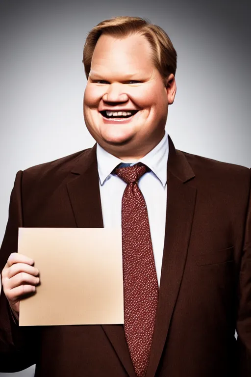 Prompt: andy richter in a brown suit and necktie, ultra hd photo, 3 5 mm close up, fish eye, realistic, smiling, holding a postcard from chicago