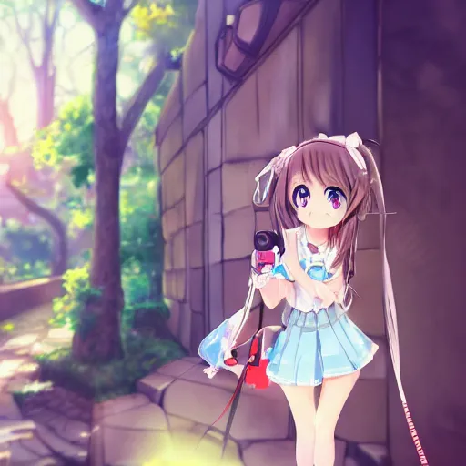 Image similar to cute anime girl looking around a corner with a camera, cute, sweet, anime style, detailed, god rays, 4 k