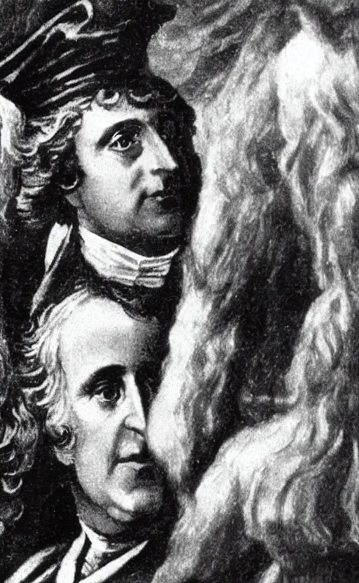 Image similar to a close - up old black and white photo, 1 9 1 3, depicting isaac newton wearing a big wig fighting gottfried leibnitz wearing a big wig in the streets of paris, rule of thirds, historical record