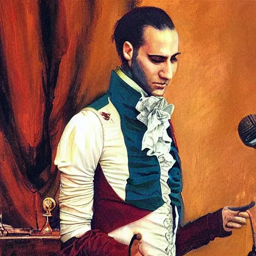 Image similar to Falco singer performing the song amadeus. Epic painting by James Gurney and Belén Ortega.