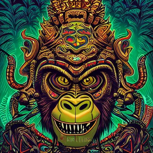 Image similar to barong family member with smiling face, happiness, wiwek, mara demon, one single tribe member, jungle, one single mask, dark, ancient warrior, gorilla, lizard, tribal, inner glow, art by dan mumford and justin gerard