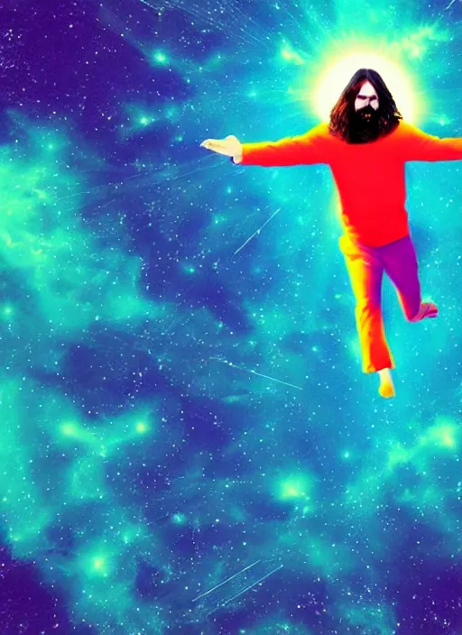 Image similar to Jesus Christ flying in space, dynamic lighting, +++++++++++ super super dynamic dynamic pose, glitch effect, colorful, space, starry night, intense, 20k