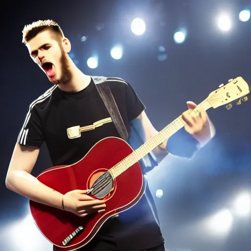 Image similar to david de gea singing pop playing the guitar, indoor