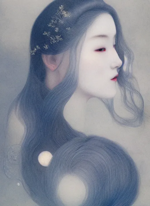 Image similar to beatifull pale wan woman, feminine goddes, side view, lit by the moon, adorable korean face silver hair!!, style of fernand khnopff and lucien levy - dhurmer, 4 k resolution, aesthetic!,