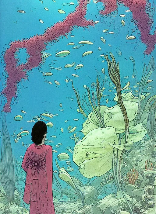 Prompt: one vesture underwater together with some flowers, by moebius