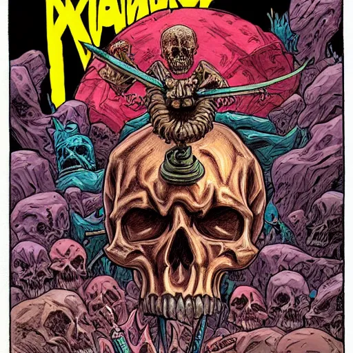 Prompt: precisely drawn illustration of skull mace, wide angle, sharp, fine details, french comic style, vibrant realistic colors, full color, heroic fantasy, intense line art, 8 k, precise linework, realistic, in the style of heavy metal comics and richard corben and moebius