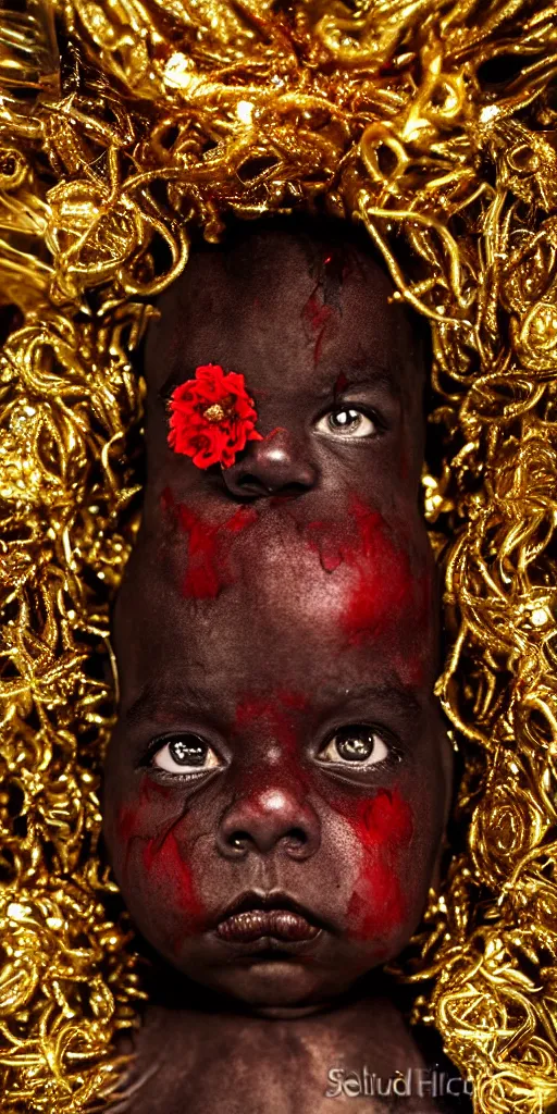 Prompt: award winning photo of sacred ritualistic black baby draped in shiny gold and puking blood, god and the devil, frantic, rotten flesh, flowers, evil cult, mysticism, vivid colors, weird and disturbing, symmetrical face, beautiful eyes, studio lighting, wide shot art by sally mann & arnold newman