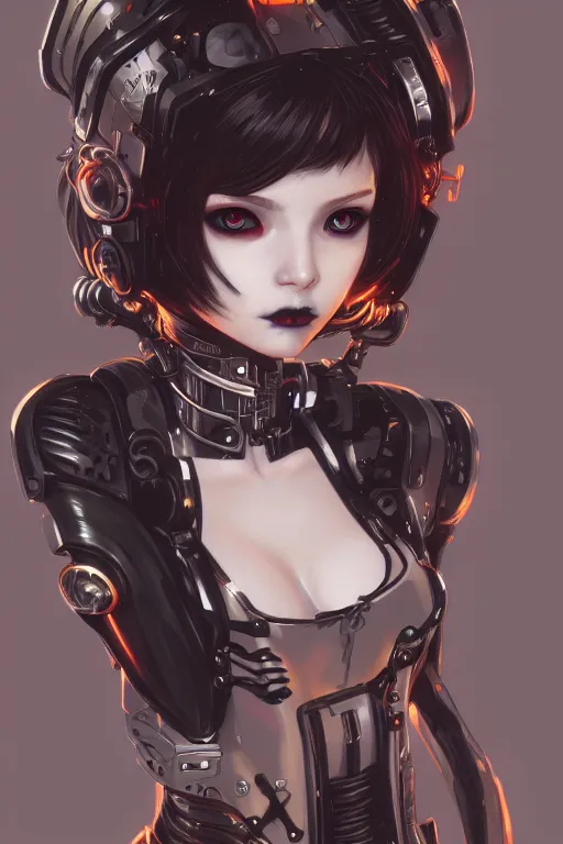 Prompt: portrait of beautiful young gothic cyborg anime maiden, cute-fine-face, pretty face, realistic shaded Perfect face, fine details. Anime, cyberpunk, Warhammer, highly detailed, artstation, illustration, art by Ilya Kuvshinov and Gustav Klimt