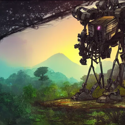 Prompt: battered down rough mecha robot with a soul looking through a balcony into the forest during a beautiful sunset, jungle mountains in the background with immense trees, highly detailed, trending on art station, flying birds in the distance