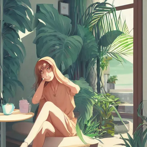 Image similar to a thin, pretty young Filipino woman sits near the window of a cute seaside Cafe with an espresso, golden morning light, cozy, tropical plants, anime style art, trending on artstation