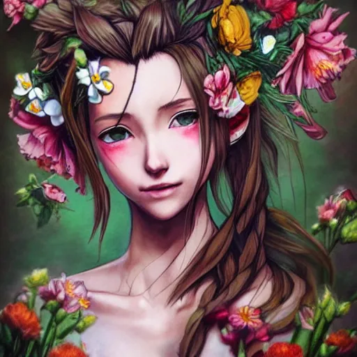 Image similar to concept art of aerith gainsborough with tattoos, amongst flowers, high quality, detailed, trending on artstartion