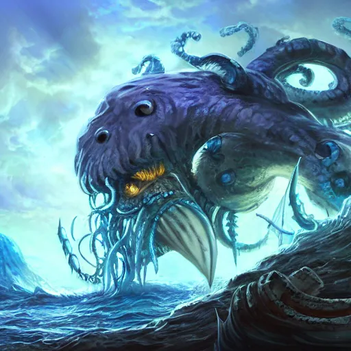 Prompt: Kraken destroys ships, fantasy game art, fantasy rpg, league of legends