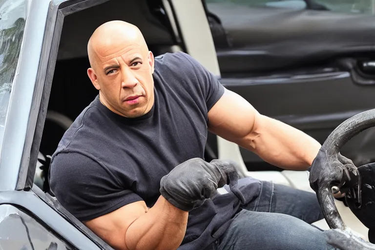 Image similar to Vin Diesel driving a wheelbarrow