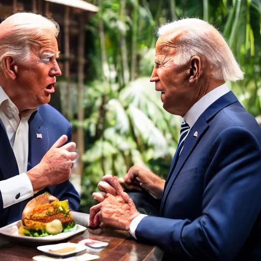 Image similar to Trump and Biden having dinner at a fancy Balinese restaurant, award winning photography, 85mm, perfect faces