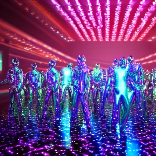 Image similar to promotional movie still wide - angle 3 0 m distance. colorful shiny pearlescent robots ( ( cat ) ) like disco music, disco balls, dance - off contests, space battles. very dramatic atmospheric volumetric lighting, octane 3 d render, ue 5, imax, saturday night fever ( film ), cocoon ( film ), scifi