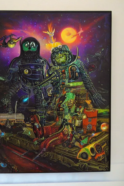 Image similar to haunted sci - fi by jack vance, mike mignogna, lisa frank, highly detailed, vintage dark sci fi, oil painting