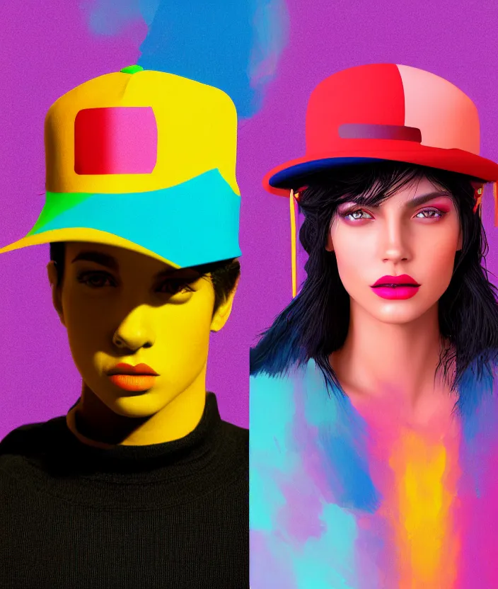 Prompt: full portrait of a post modern fashion model with an exuberant neo bio hat, colorful, beautiful latino face, octane render, vray, detailed, halftoned, editorial illustration, matte print, grainy light, ( ( dither ) ), risograph, high contrast, screen print, grainy texture