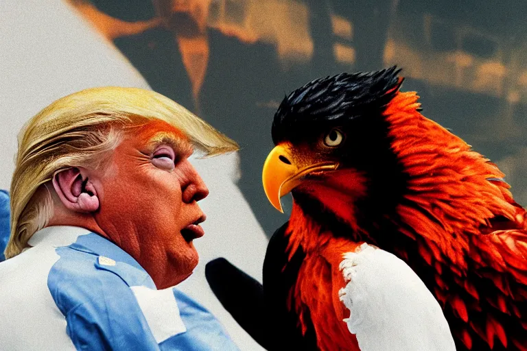 Image similar to Close-up portrait of Donald Trump in jail wearing orange clothes with an American bald eagle attacking him, octane, dramatic lighting, editorial photo, 35mm, very detailed