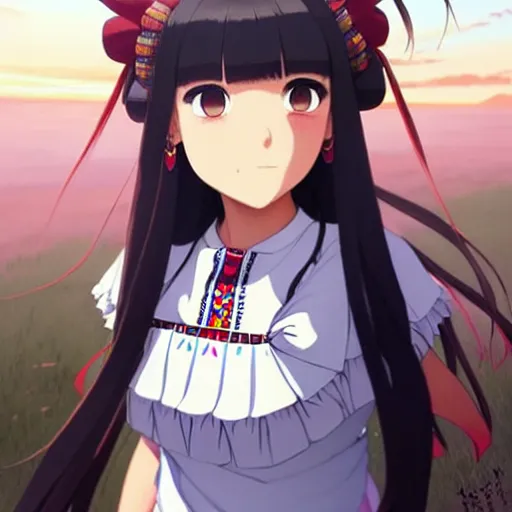 Prompt: a beautiful! plus sized instagram model, wearing catholic school girl outfit with mayan pattern and native style, jrpg aztec street fashion, gapmoe yandere grimdark, trending on pixiv fanbox, painted by greg rutkowski makoto shinkai takashi takeuchi studio ghibli, akihiko yoshida