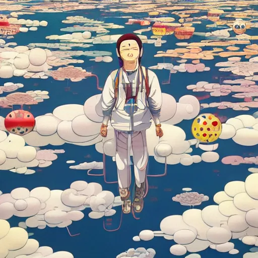 Image similar to a man walking on clouds above kyoto by takashi murakami, beeple and james jean, aya takano color style, 4 k, super detailed, modern, 4 k
