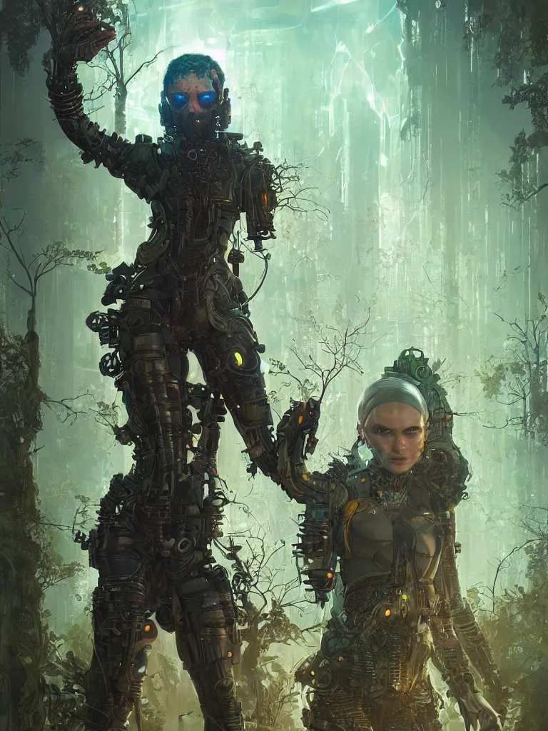 Image similar to a hyperrealistic cyberpunkpunk portrait of a gorgeous woman in the movie Annihilation, with mutated trees and trees and fractal sunlight, award-winning, masterpiece, in the style of Tom Bagshaw, Cedric Peyravernay, Peter Mohrbacher