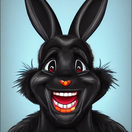 Image similar to A extremely highly detailed majestic hi-res beautiful, highly detailed head and shoulders portrait of a scary terrifying, horrifying, creepy black cartoon rabbit evil laughing standing up wearing pants and a shirt in the style of Walt Disney