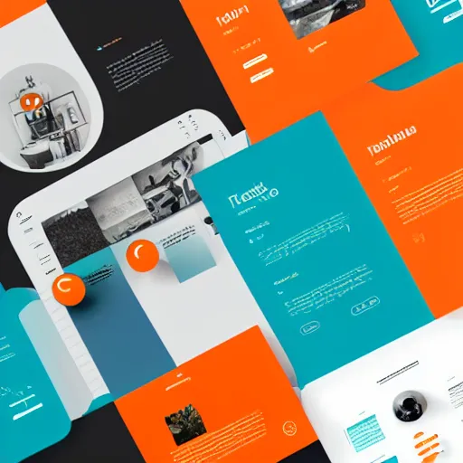 Image similar to modern UI/UX icons for an artistic website, teal and orange colour palette, layout design, template sheet