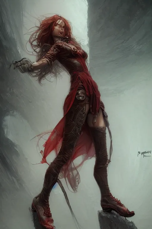 Image similar to red women's boots, shoes only, by wlop, by luis royo, by peter mohrbacher, concept art, digital illustration, intricate, masterpiece, elegant, super detailed, unreal engine rendering, smooth, sharp focus, artstation hq