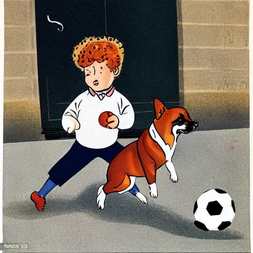 Image similar to book illustration of a french boy on the streets of paris playing football against a corgi, the dog is wearing a polka dot scarf, 1 9 6 6