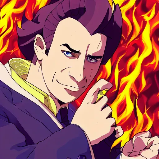 Image similar to portrait of saul goodman wielding the element of transmutation magecraft, fire and water, anime fantasy illustration by tomoyuki yamasaki, kyoto studio, madhouse, ufotable, trending on artstation