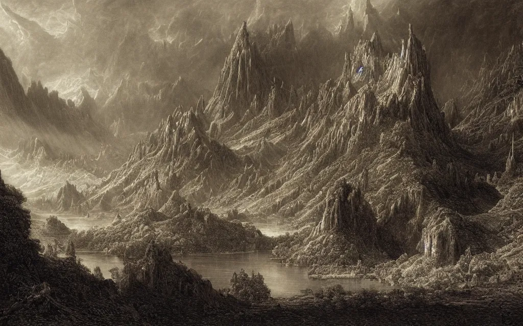 Prompt: a meticulously composed render of a middle earth landscape by francis danby, john martin, and gustave dore,