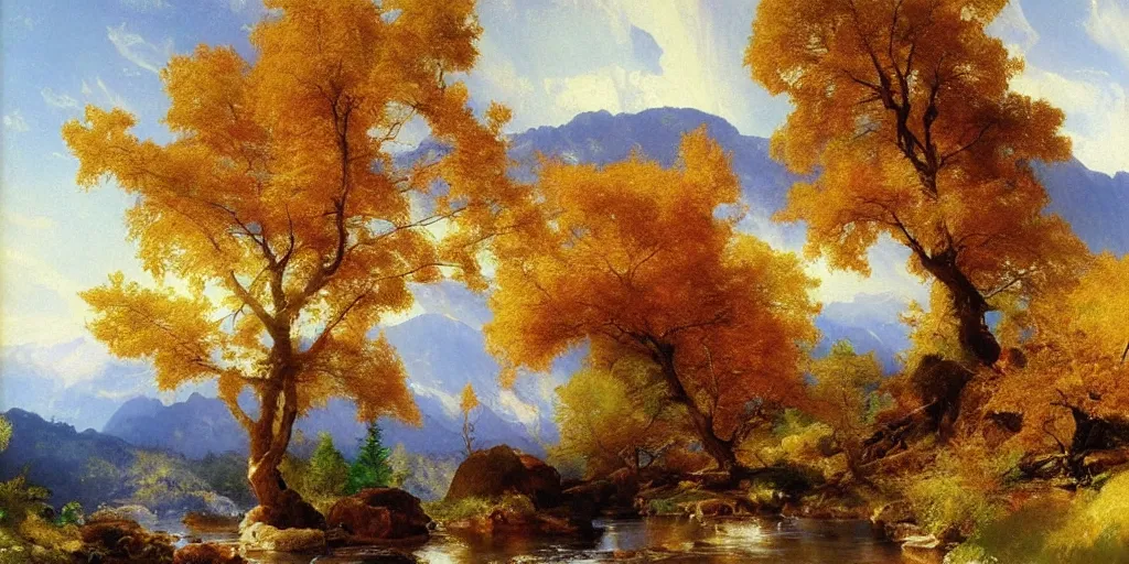 Image similar to single maple tree growing in grand cayon, stream, thomas moran, oil painting, highly detailed, masterpiece