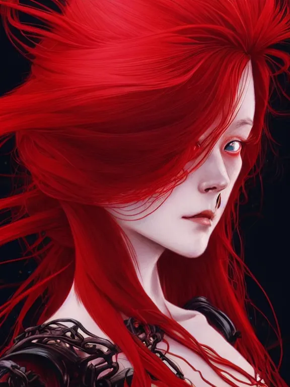 Image similar to close up picture of a red witch with exoskeleton, bored, coveted, beautiful and aesthetic, intricate, unreal engine, messy hair, highly detailed, detailed face, smooth, sharp focus, chiaroscuro, manga illustration, artgerm, greg rutkowski, ilya kuvshinov, rossdraws, alphonse mucha, young adult light novel cover art