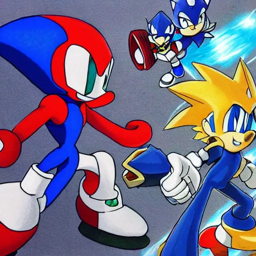 Prompt: Megaman X fighting Sonic the Hedgehog, Painted By Akihiko Yoshida