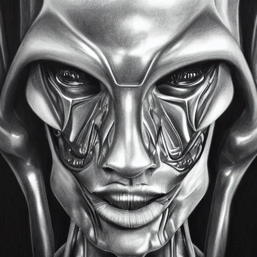 Image similar to face of an alien god, hyperrealistic pencil drawing, highly detailed, sharp focus, cyberpunk synthwave psychedelic