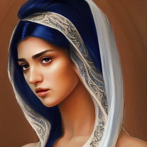 Image similar to faceshot of modern tanned Ameera al-Taweel, blue eyes, wavy black hair, white veil, highly detailed, digital painting, artstation, concept art, smooth, sharp focus, illustration, trending on ArtStation, art by artgerm and greg rutkowski and alphonse mucha and J. C. Leyendecker and Edmund Blair Leighton and Katsuhiro Otomo and Geof Darrow and Phil hale and Ashley wood and Ilya repin and Charlie Bowater