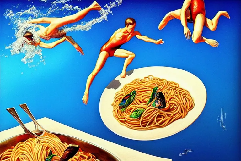 Prompt: olympic diving springoard, diver is diving head down into a dish of pasta, detailed surrealist art, artgerm