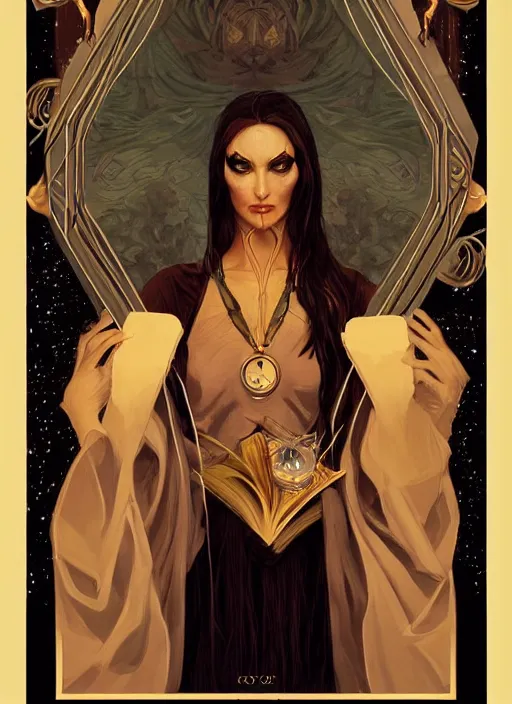 Prompt: tarot!!, high priestess, no noise, elegant, concept art, sharp focus, beautiful face!!, digital art, smooth defined outlines!!, human anatomy, human structure, vector background, dark fantasy, by Brom, trending on Artstation, Tom Bagshaw, Sargent