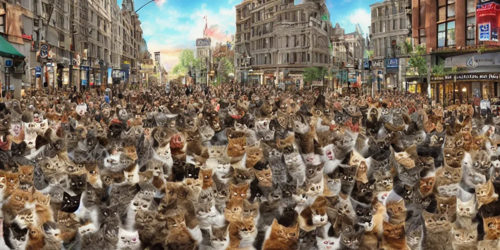 Prompt: a crowd of cats protesting in a busy street, 3d detailed, digital art