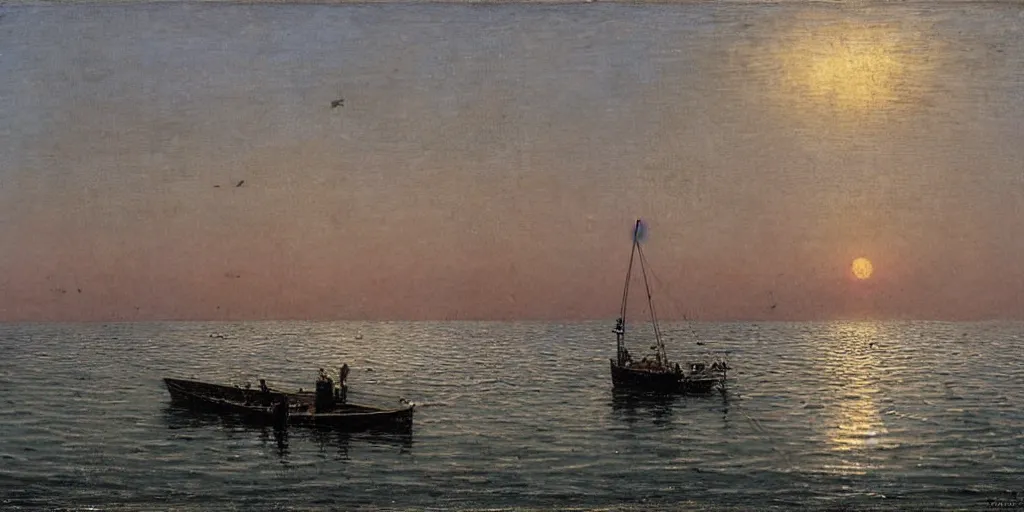 Image similar to rising sun ( ( ( fishing cormorant, fishing boat ) ) ) on the naples bay, by paul gustav fisher and moebius