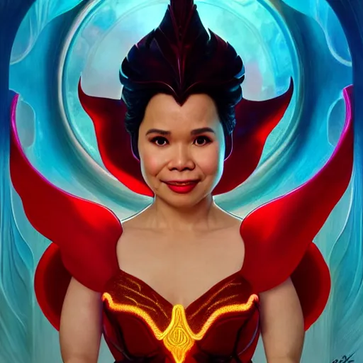 Image similar to lea salonga as darna, wax figure, glowing eyes, volumetric lights, red and cyan theme, art nouveau botanicals, intricate, highly detailed, digital painting, artstation, concept art, smooth, sharp focus, cinematic, illustration, beautiful face, art by artgerm and greg rutkowski and alphonse mucha